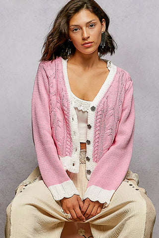 POL Button Down Cable-Knit Cardigan with Contrast Border Accents