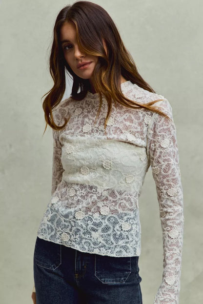SO ME Lace Long Sleeve 3d Effect Floral Layering Top
