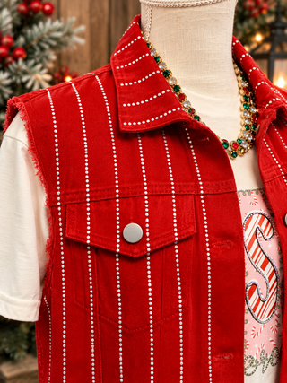 Origami Rhinestone Pinstripe Denim Vest – Red