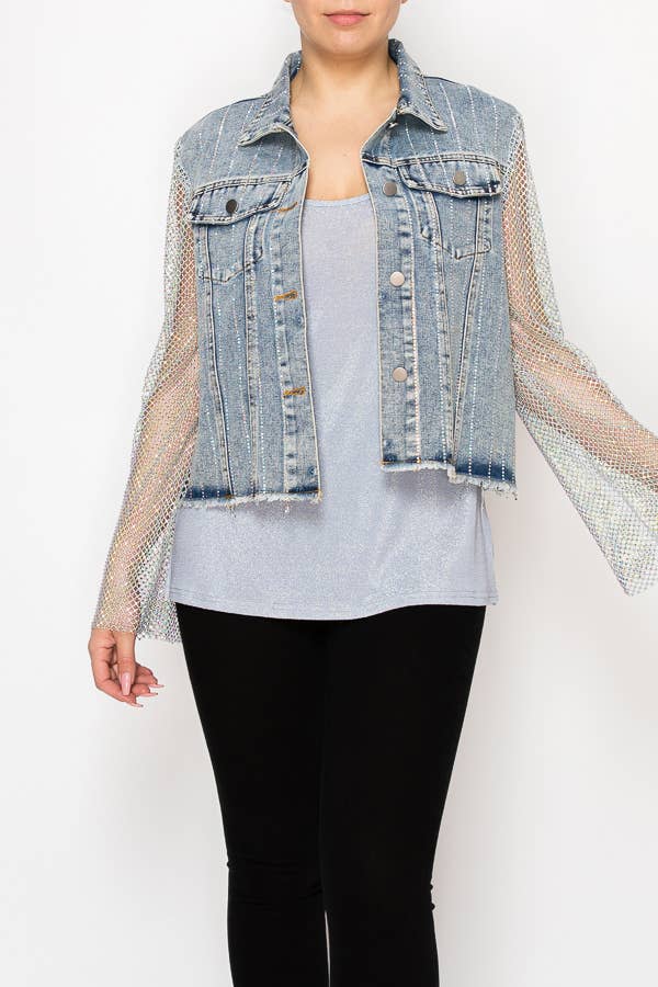 Statement Denim Jacket With Sparkly Details &amp; Net Mesh Sleeves - 4777SW DENIM