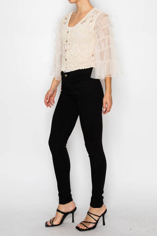 CROCHET CROPPED CARDIGAN WITH TIERED MESH SLEEVES OLS-4941: Black / S/M