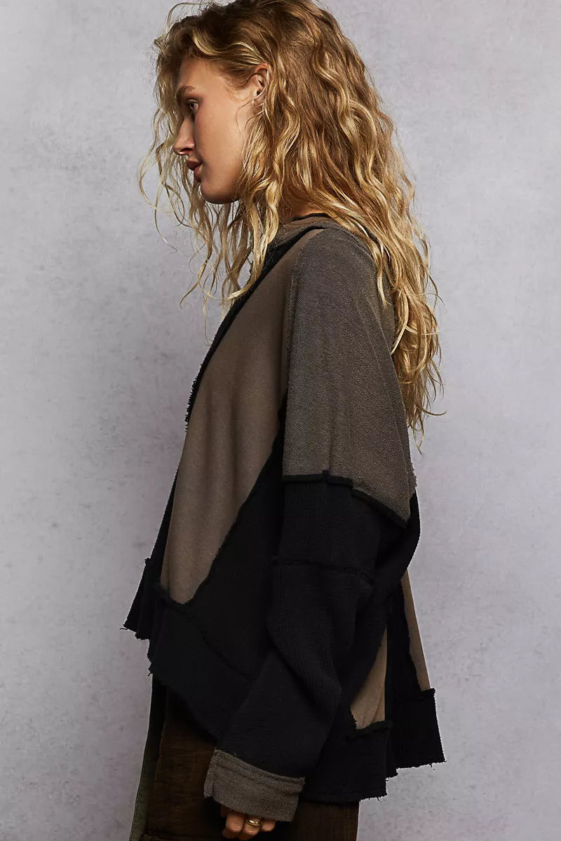 POL Color Block Waffle Knit Raw Hem Sweatshirt