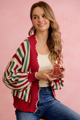 Christmas Open Front Knit Cardigan with Scalloped Edges