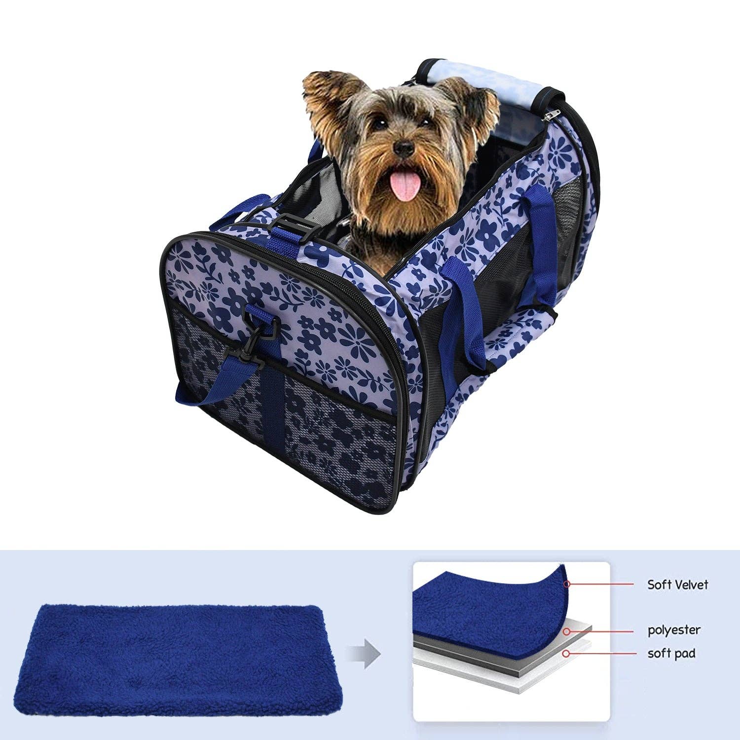 GOOPAWS Soft-Sided Small Dog Cat Carrier Bag, Floral Print Blue, 19&