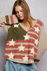 POL Double Gauze American Flag Patch V-Neck Long Sleeve T-Shirt