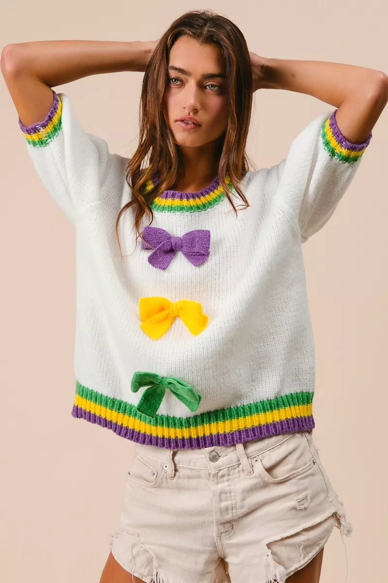 BiBi Short Puff Sleeve Ribbon Bow Mardi Gras Sweater