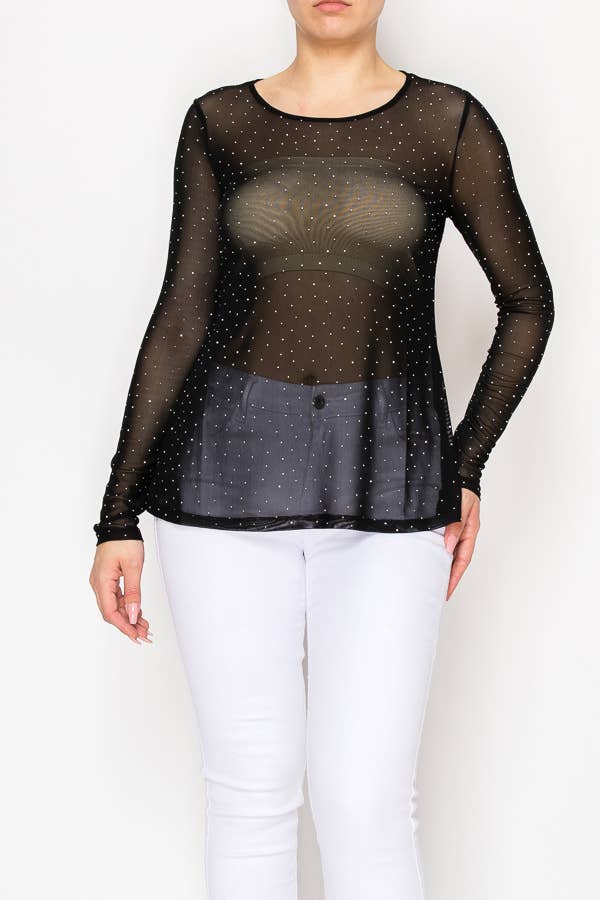 Sparkly Long Sleeve Sheer Mesh Top  – 4847BK