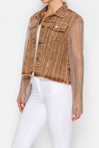 Denim Jacket With Sparkly Details & Mesh Sleeves 4777SW BRN: SW BROWN / M