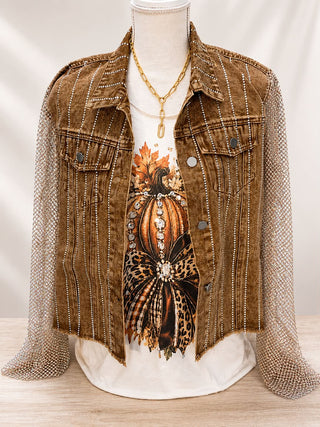 Origami Rhinestone Mesh Sleeve Denim Jacket