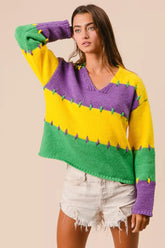 BiBi Stitch Detail Mardi Gras Stripes Sweater