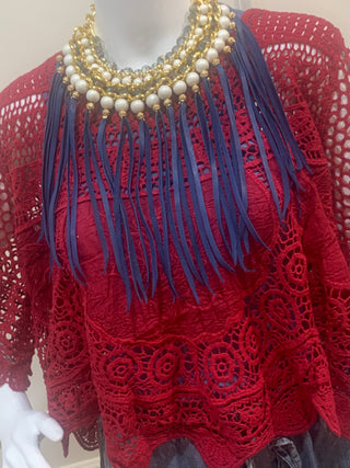 Red Hot Statement Crochet Top by Origami| Oversized Lace Boho Blouse