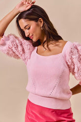 SO ME Rosette Sleeves Square Neck Sweater Knit Top