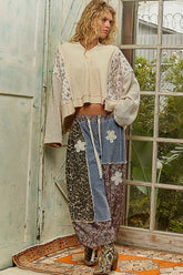 POL Mix Thermal Floral Pattern Quilted Knit Cropped Top with Raw Edge Detail