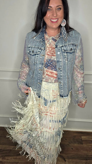 Origami - Vintage Americana Fringe Maxi Skirt | Layered Tiered Patriotic Skirt