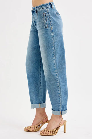 RISEN Full Size Mid Rise Fit Barrel Roll Up Jeans Plus Size Jo Jo