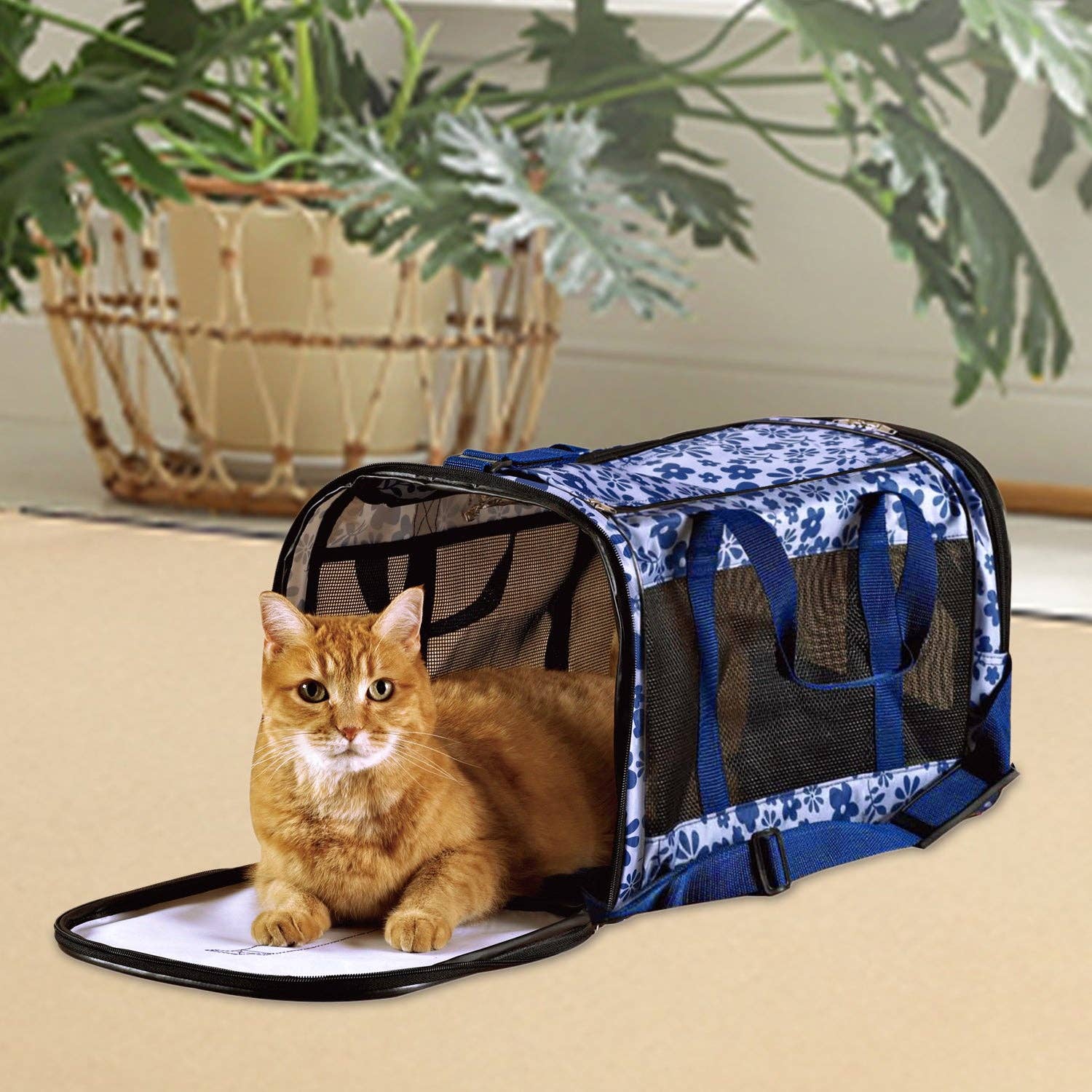 GOOPAWS Soft-Sided Small Dog Cat Carrier Bag, Floral Print Blue, 19&