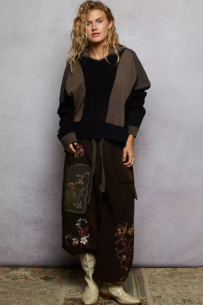 POL Color Block Waffle Knit Raw Hem Sweatshirt