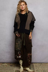 POL Color Block Waffle Knit Raw Hem Sweatshirt