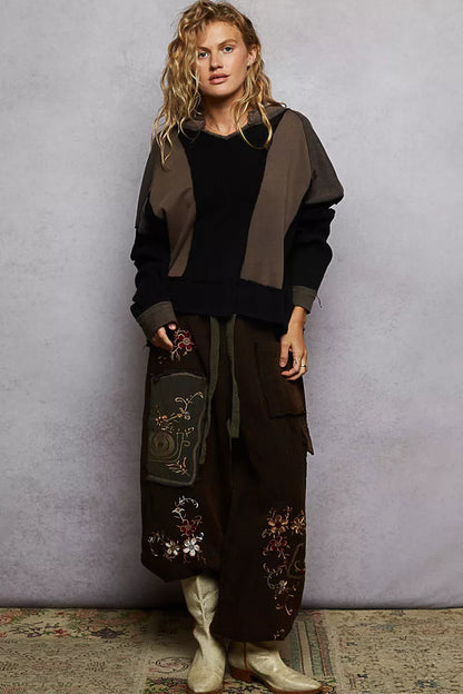 POL Color Block Waffle Knit Raw Hem Sweatshirt