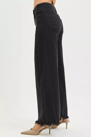 RISEN Tummy Control High Rise Palazzo Leg Frayed Hem Jeans