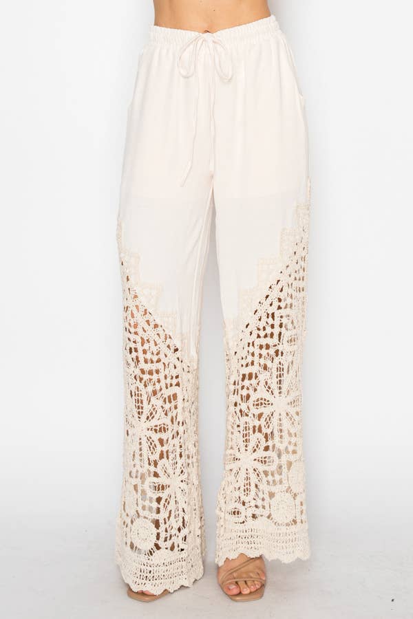 LINED PANTS WITH CROCHET BOTTOM OLS-4899BEIGE: BEIGE / L