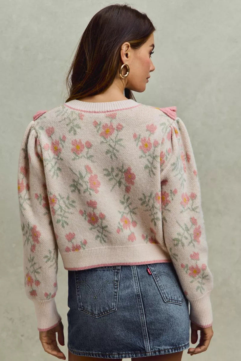 SO ME Flower With Ruffle Detailing Sweater Cardigan