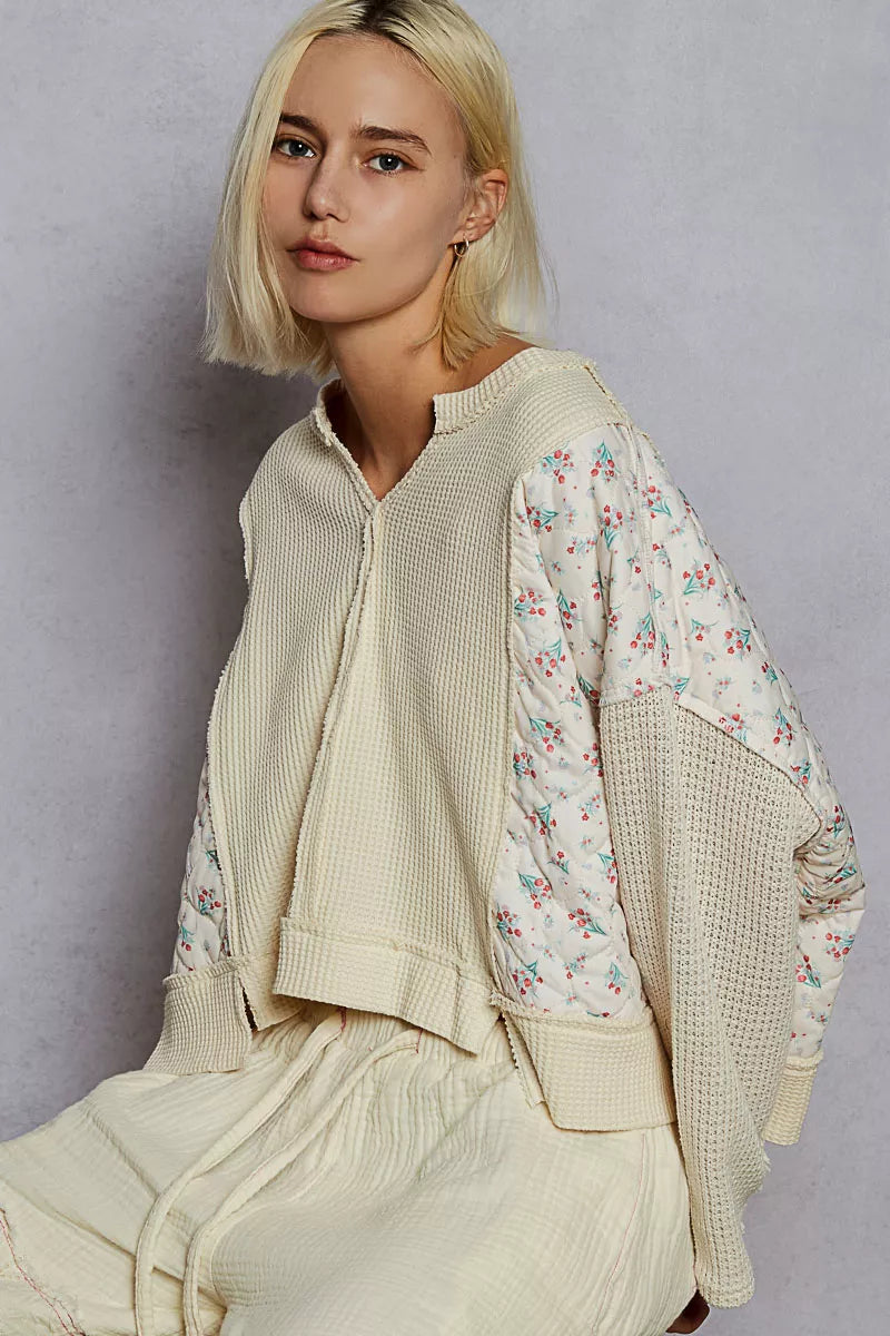POL Mix Thermal Floral Pattern Quilted Knit Cropped Top with Raw Edge Detail