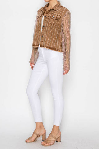 Denim Jacket With Sparkly Details & Mesh Sleeves 4777SW BRN: SW BROWN / 2XL