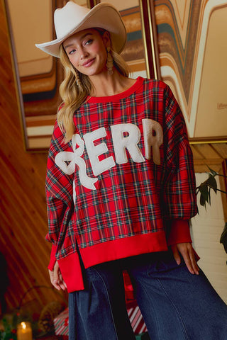 Christmas Tartan Plaid Merry Chenille Patch Sweatshirt