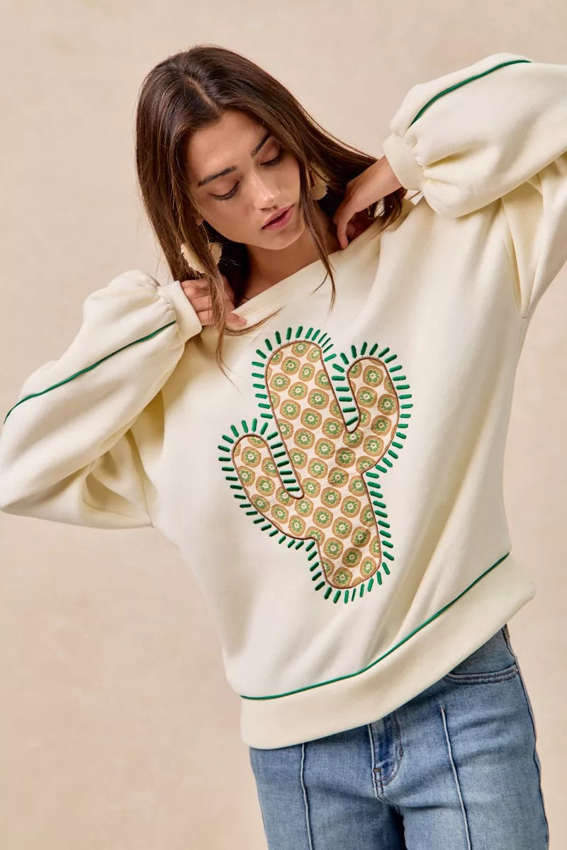 BiBi Cactus Embroidered Fleece Sweatshirt