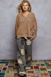 POL Balloon Sleeve Oversized Ribbed Top with Floral Pattern Contrast