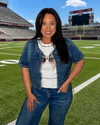 School Spirit Game Day Oversized Denim Top with Custom Sequin Mascot Patch
