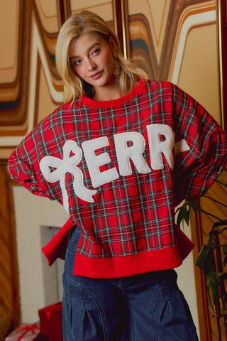 Christmas Tartan Plaid Merry Chenille Patch Sweatshirt