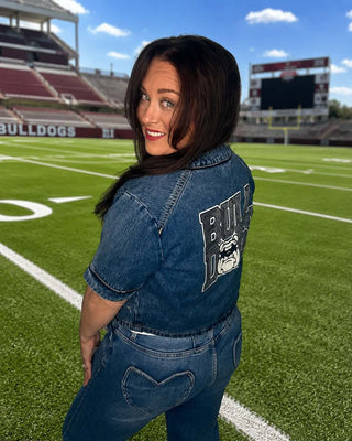 School Spirit Game Day Oversized Denim Top with Custom Sequin Mascot Patch