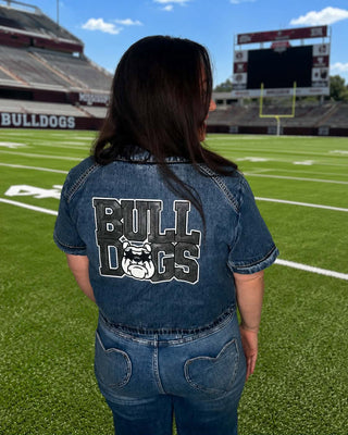 School Spirit Game Day Oversized Denim Top with Custom Sequin Mascot Patch