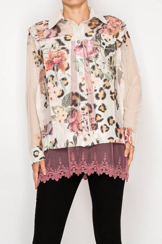 Origami - Leopard Floral Faux Suede Mesh Trimmed Detailed Jacket