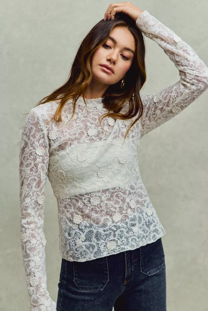 SO ME Lace Long Sleeve 3d Effect Floral Layering Top