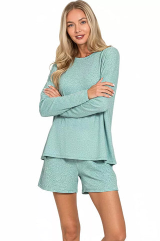 Zenana Soft Melange Long Sleeve Tee and Shorts Set