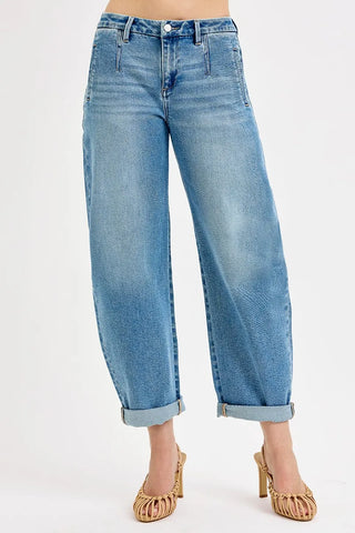 RISEN Full Size Mid Rise Fit Barrel Roll Up Jeans Plus Size Jo Jo