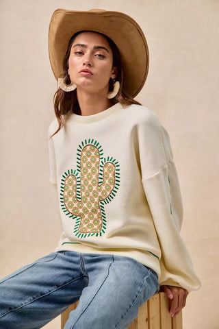 BiBi Cactus Embroidered Fleece Sweatshirt