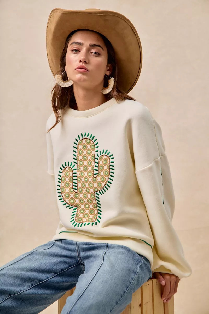 BiBi Cactus Embroidered Fleece Sweatshirt