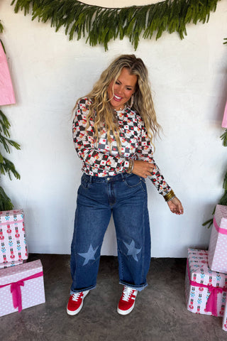 Checkered Santa Mesh Top
