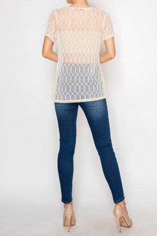 Sheer Lattice Mesh Short Sleeve Blouse - Beige
