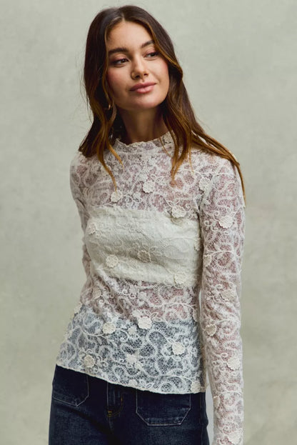 SO ME Lace Long Sleeve 3d Effect Floral Layering Top