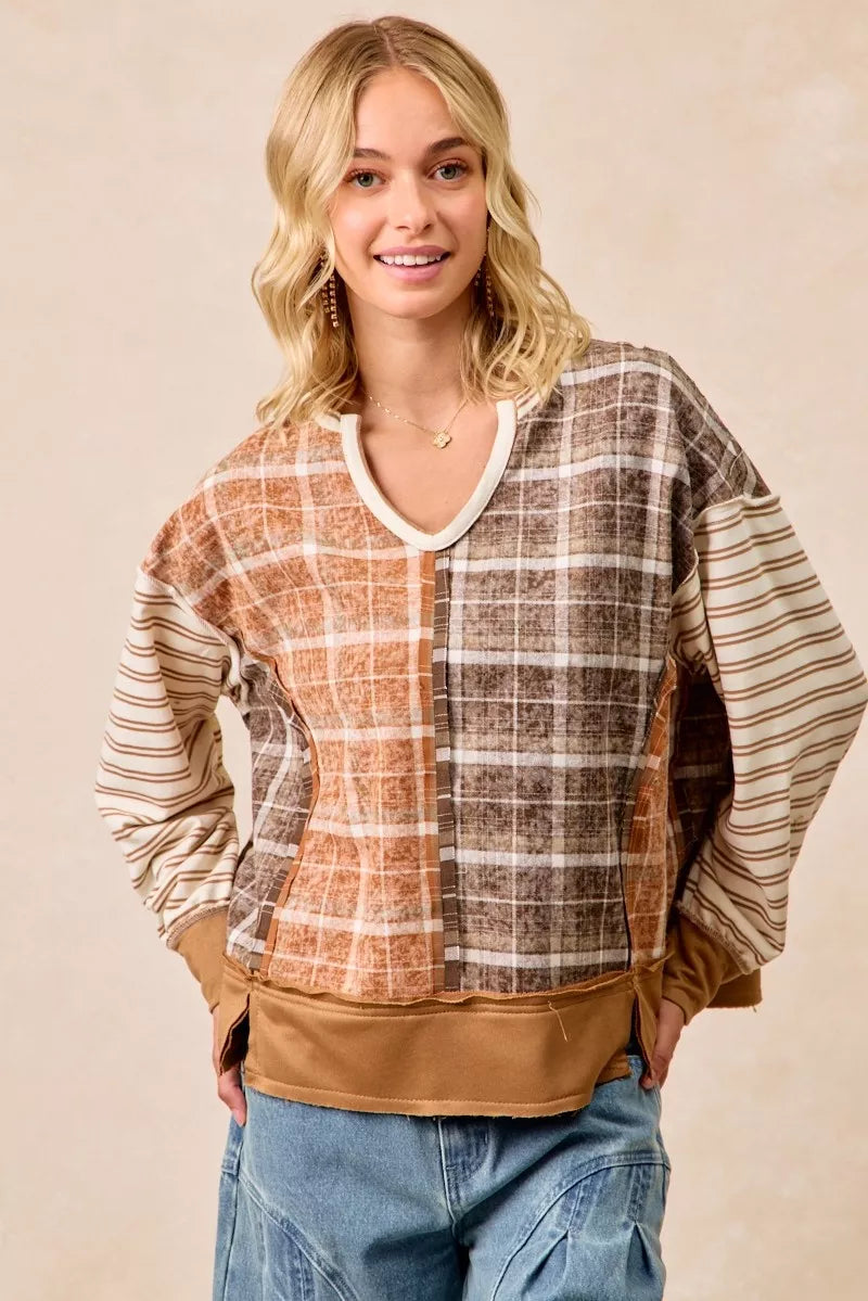 BiBi Plaid And Stripe Mix And Match Top With Open Seam