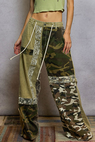Camoflauge Patchwork Wide Leg Cargo Pants