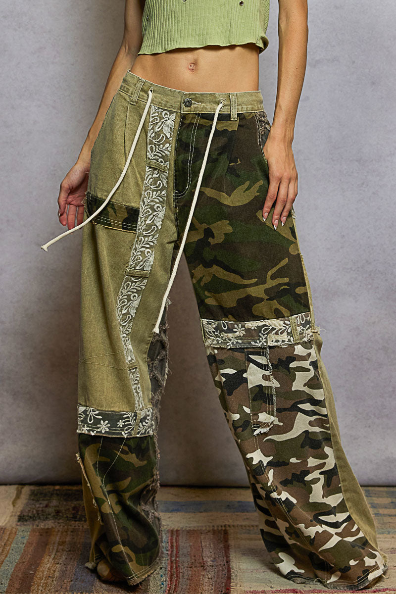 Camo Patchwork Wide Leg Cargo Pants