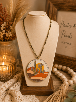 Desert Cactus Scene Rhinestone Statement Necklace