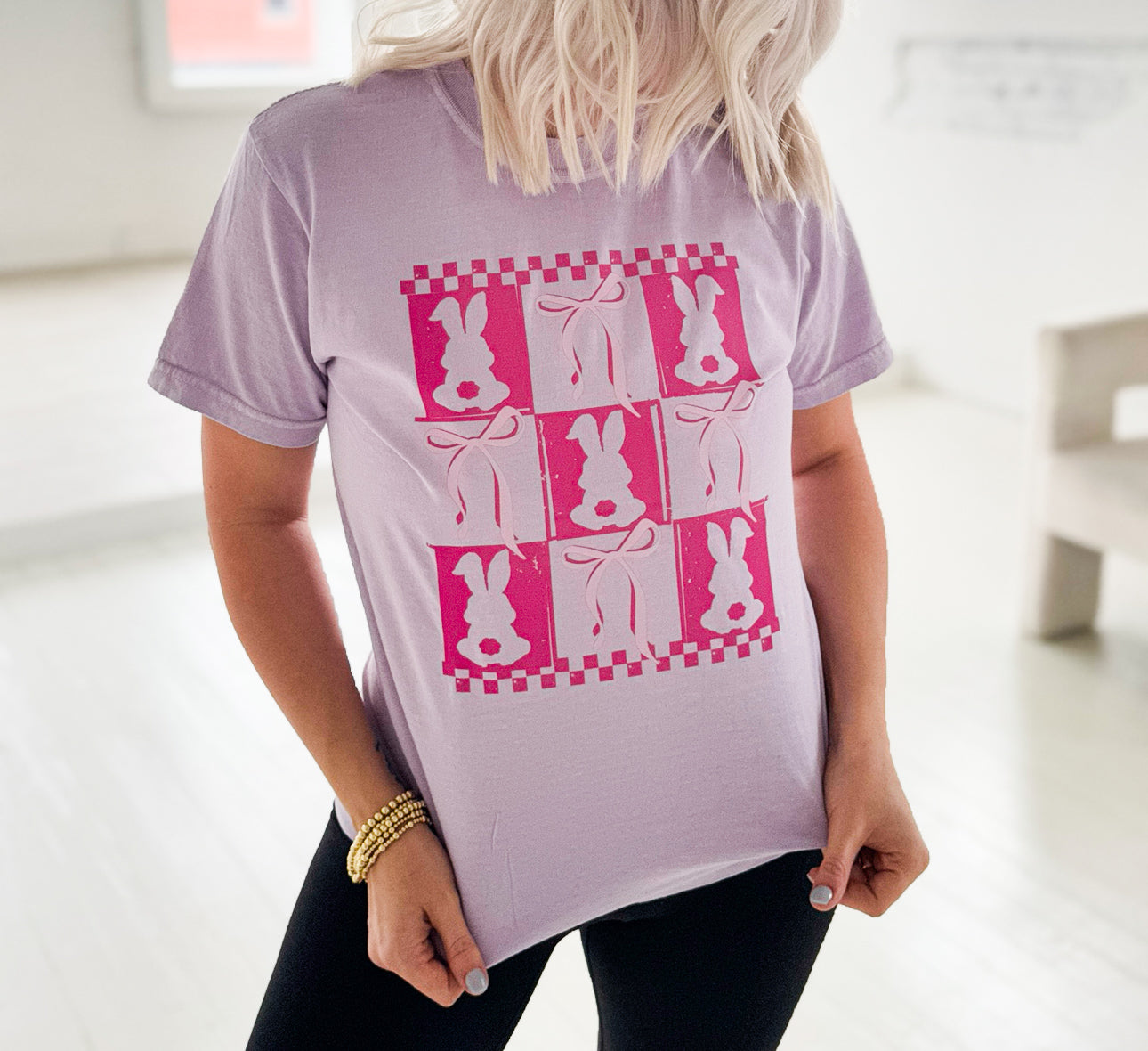 Pink Checker Rabbit &amp; Bows Graphic Tee
