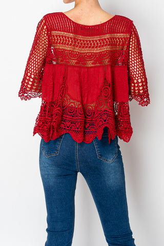 Red Hot Statement Crochet Top by Origami| Oversized Lace Boho Blouse